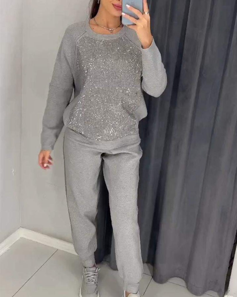 Women's Solid Color Rhinestone Long Sleeve Round Suits