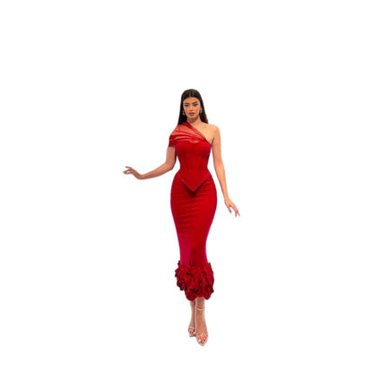 Red Oblique Shoulder High Waist Knit Suits