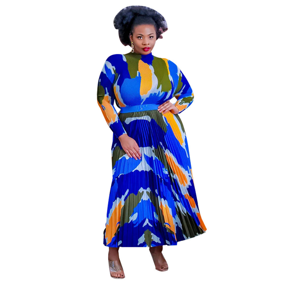 Women's Large Long-sleeved Printed Pleated Two-piece Suits