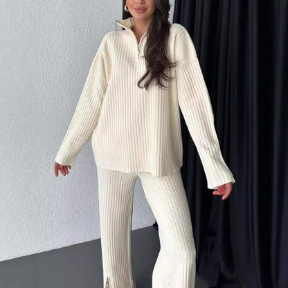 Women's Zipper Knitting High Neck Ribbing Home Suits