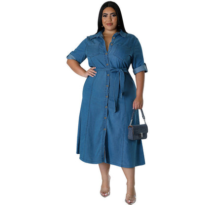 Women's Denim Lapel Long Sleeve Tied Mid-length Dresses