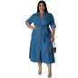 Women's Denim Lapel Long Sleeve Tied Mid-length Dresses
