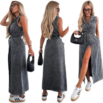 Sleeveless Long Tie Waist Single-breasted Denim Dresses