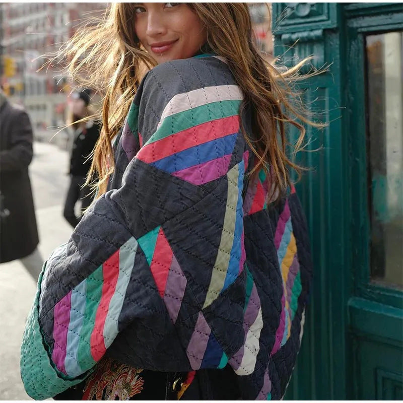 Women's Street Fashion Print Stitching Cotton Coats
