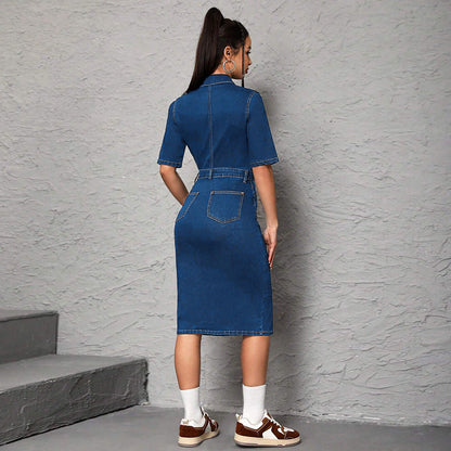 Women's Large Denim Lapel Sleeve Split Midi Dresses