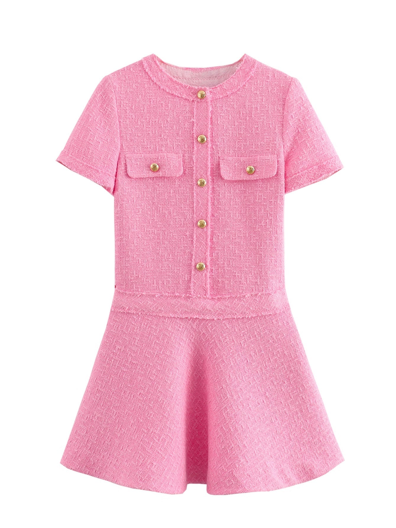 Women's Pocket Round Neck Textured Sleeve Dress Dresses