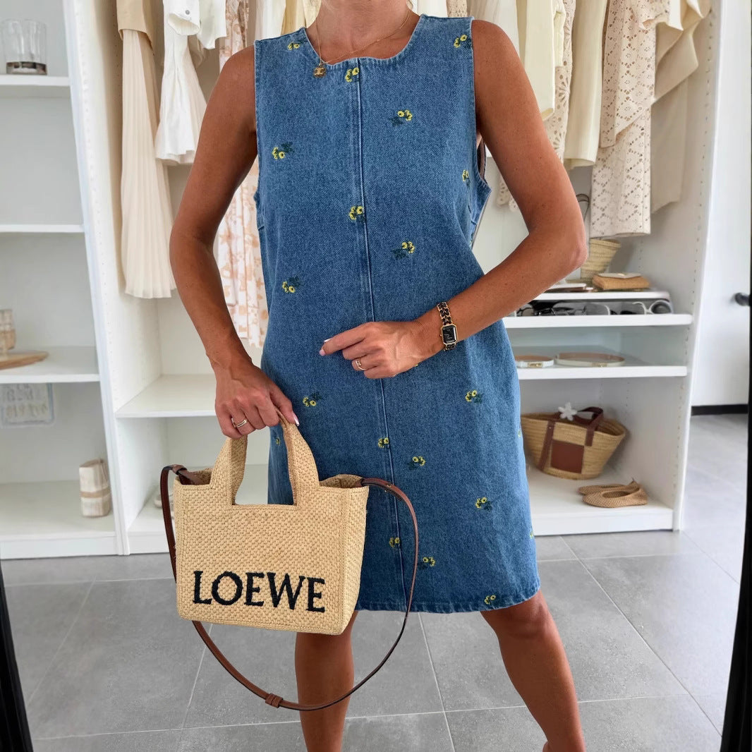 Fashion Casual Floral Loose Denim Sleeveless Dresses
