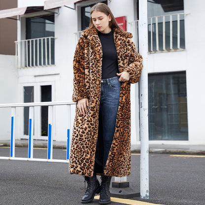 Leopard Print Rabbit Super Long Collar Coats