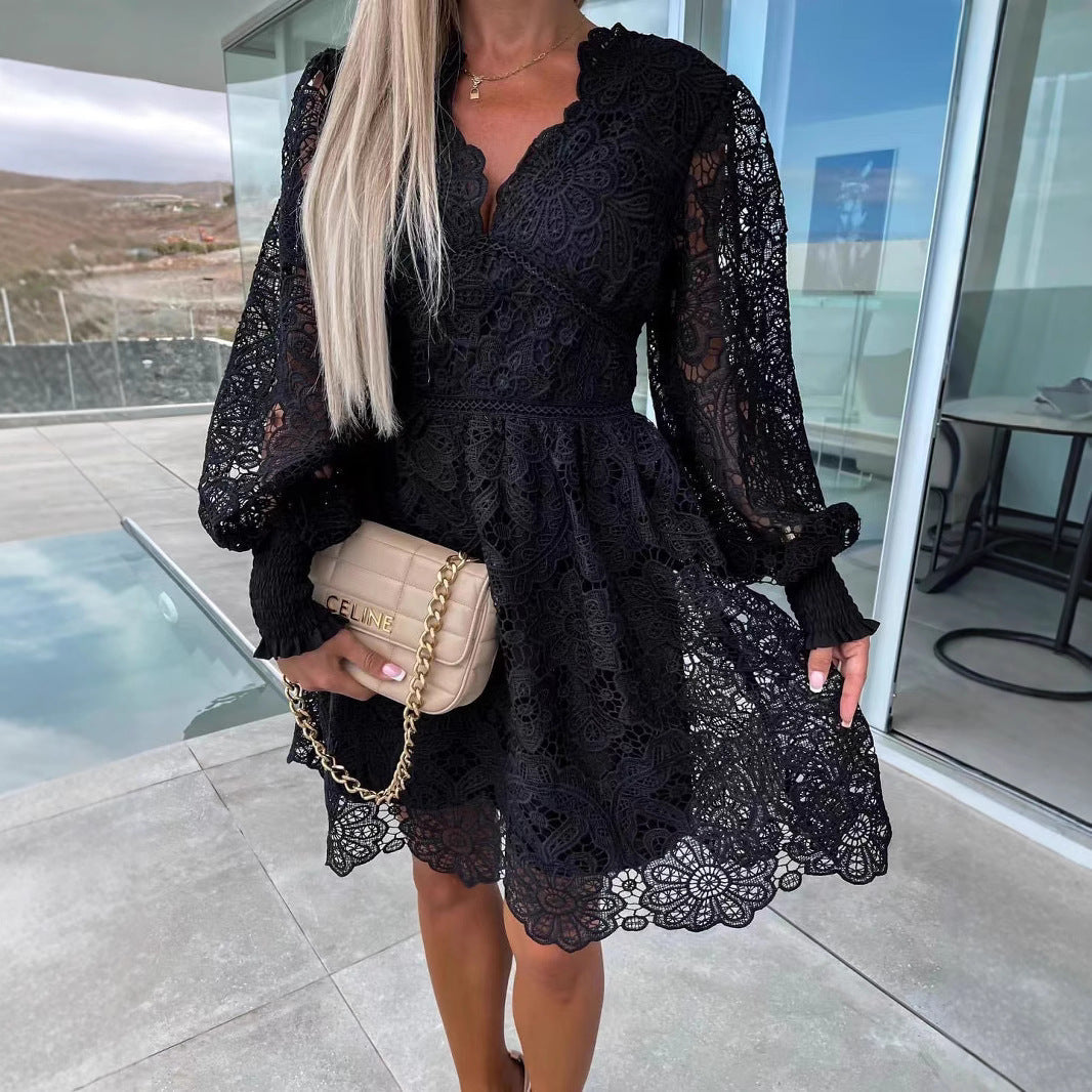 Sexy Hollow Water-soluble Lace Temperament Commute Dresses