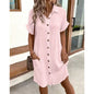 Women's Casual Solid Color Cotton Linen Breasted Mid-length Sleeve Clothing