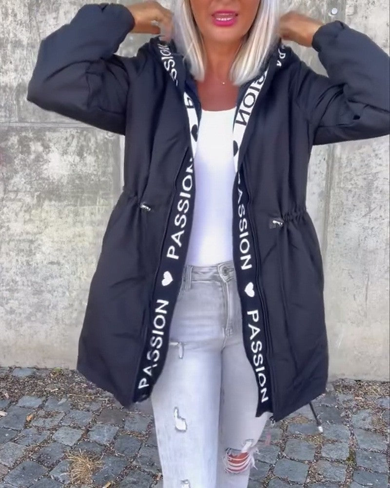 Women's Casual Drawstring Zipper Pocket Letters Coats
