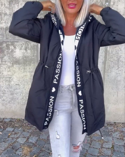 Women's Casual Drawstring Zipper Pocket Letters Coats