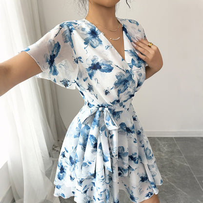 Women's Casual Holiday Floral Print Sleeve Cake Skirts