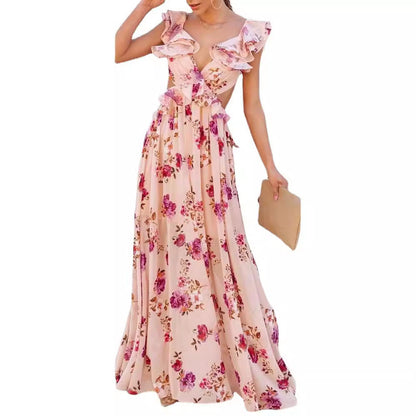 Women's Clothes Flower Print Stitching Backless Summer Dresses