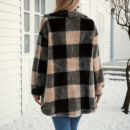 Women's Long Sleeve Double Pocket Plaid Fur Coats