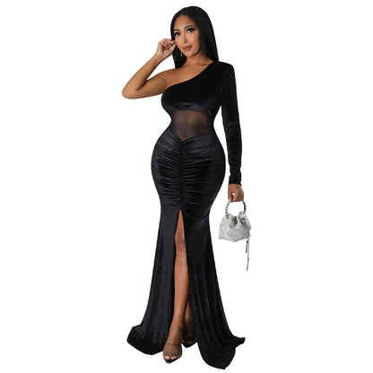 Women's Diagonal Collar Fold Split Solid Color Dresses