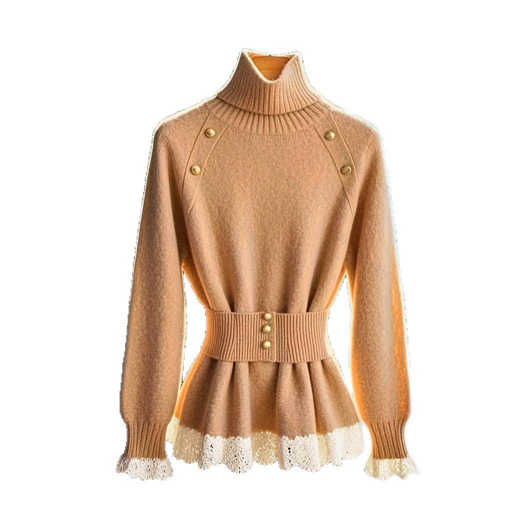 Women's Polo Collar Warm Elegant Lace Stitching Sweaters