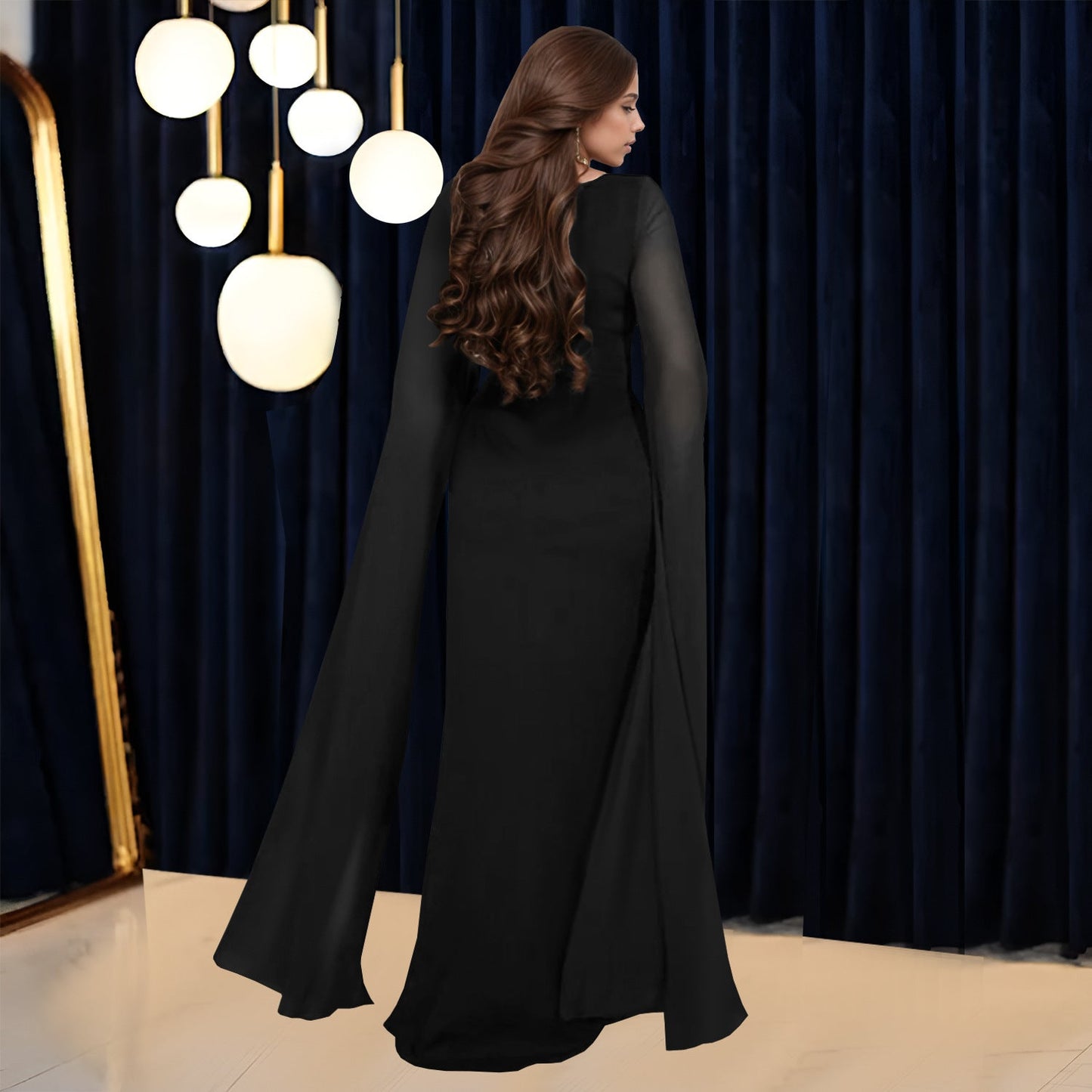 Women's Fashion Wear Elegant Rhinestone Long-sleeved Dress Dresses