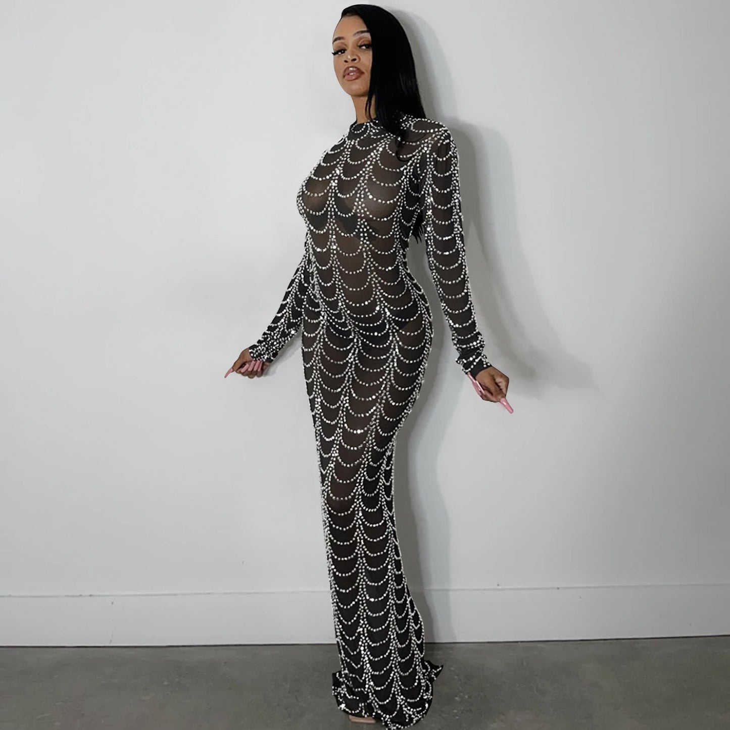 Fashion Sexy Nightclub Hot Rhinestone Mesh Dresses