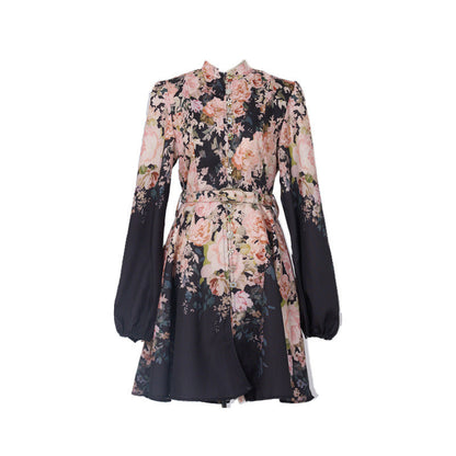 Design High Version Single-breasted Stand-up Collar Puff Sleeve Dresses