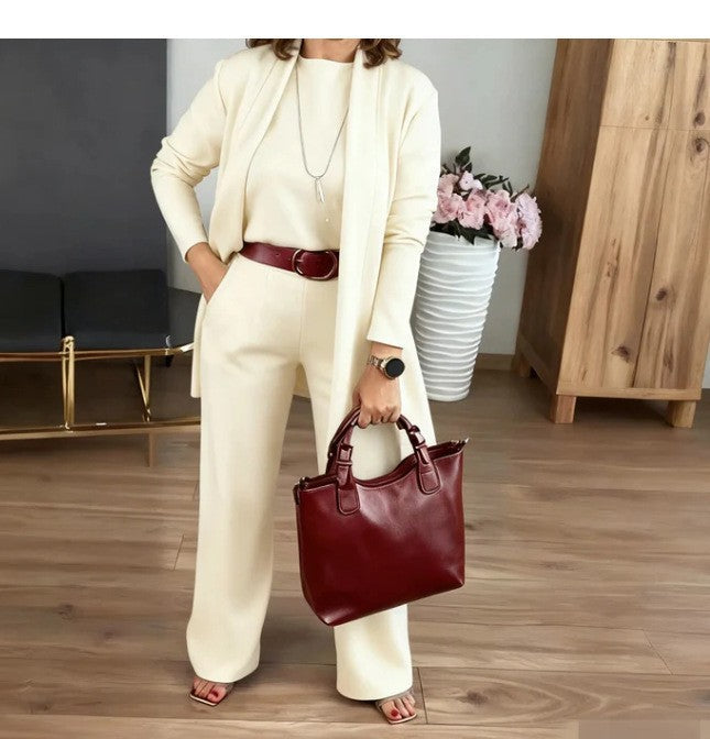 Women's Color Round Neck Long Sleeve Belt Suits