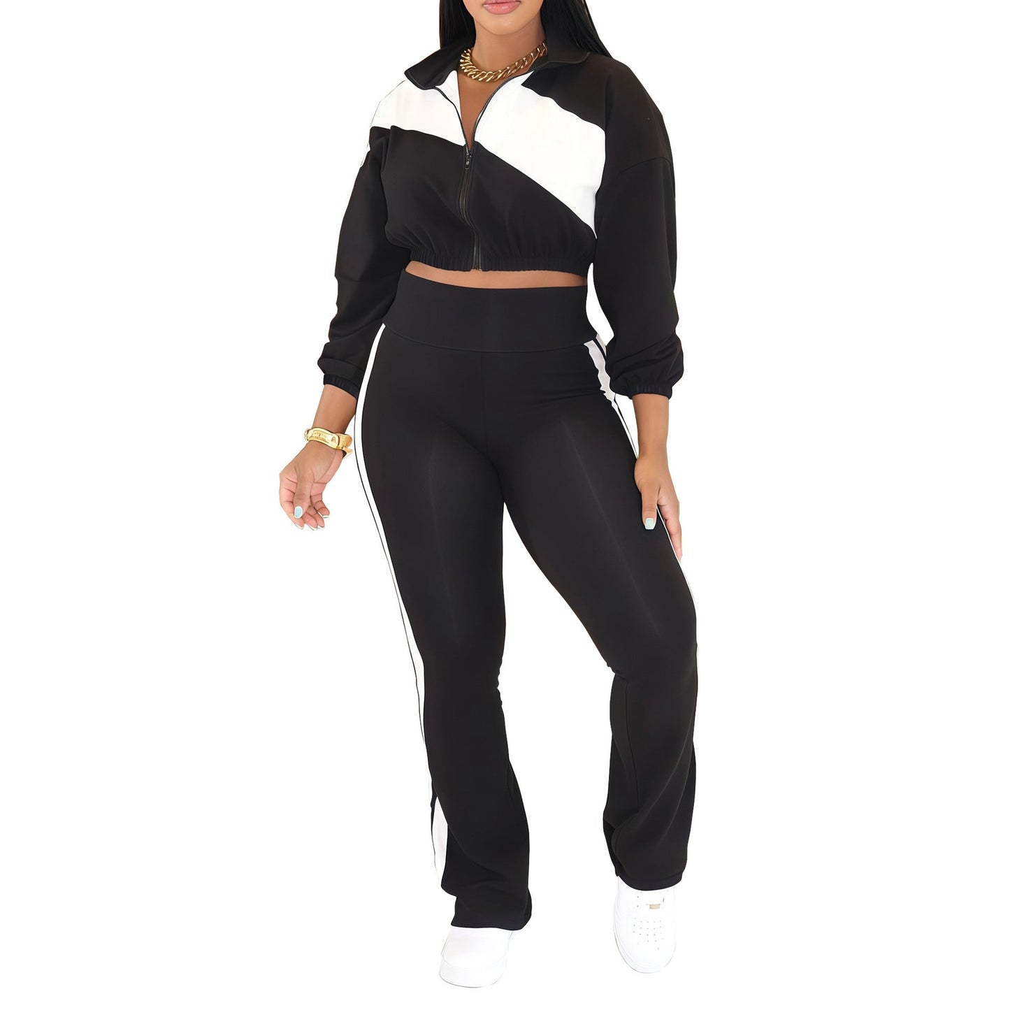 Women's Sports Casual Patchwork Long-sleeved Zipper Two-piece Suits
