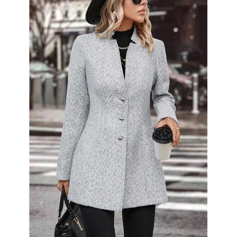 Women's Long Sleeve Solid Color Stand Collar Button Trench Fashion Coats
