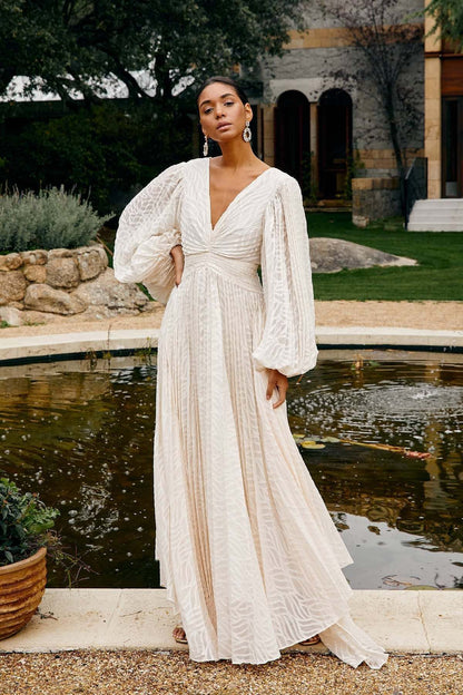 Women's Long-sleeved Oversized Jacquard Pleated Lantern Sleeve Dresses