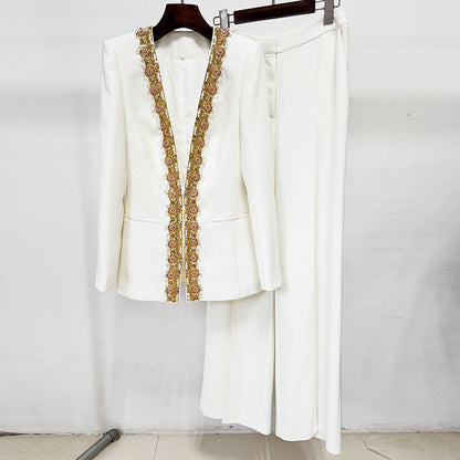 Fashion Embroidered Sequin Bead Diamond Trousers Suits