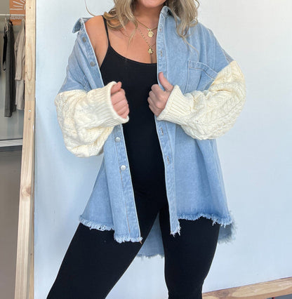 Women's Loose Stitching Sleeve Denim Woolen Jackets