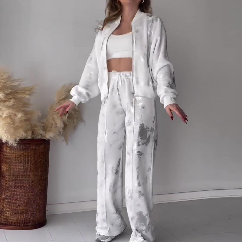Summer Fashionable Sequins Printed Zipper Casual Suits