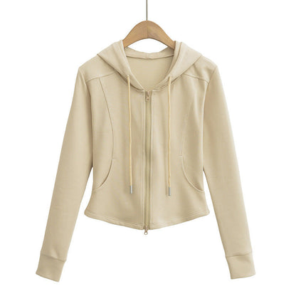 Autumn Fashion Simple Style Double Zipper Hooded Drawstring Tops
