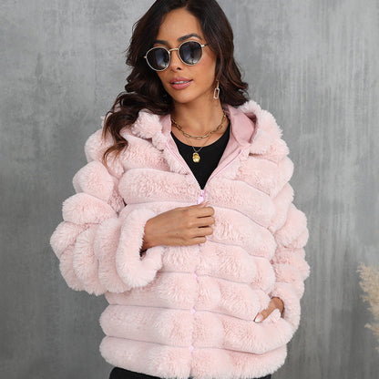 Women's Striped Hooded Imitation Fur Cropped Plush Coats