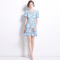 Women's Blue Round Neck Lace Sleeve Dress Rhinestone Dresses