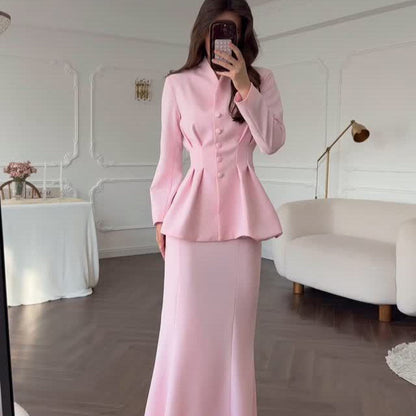 Women's Solid Color Long-sleeved Long Dress Graceful Suits