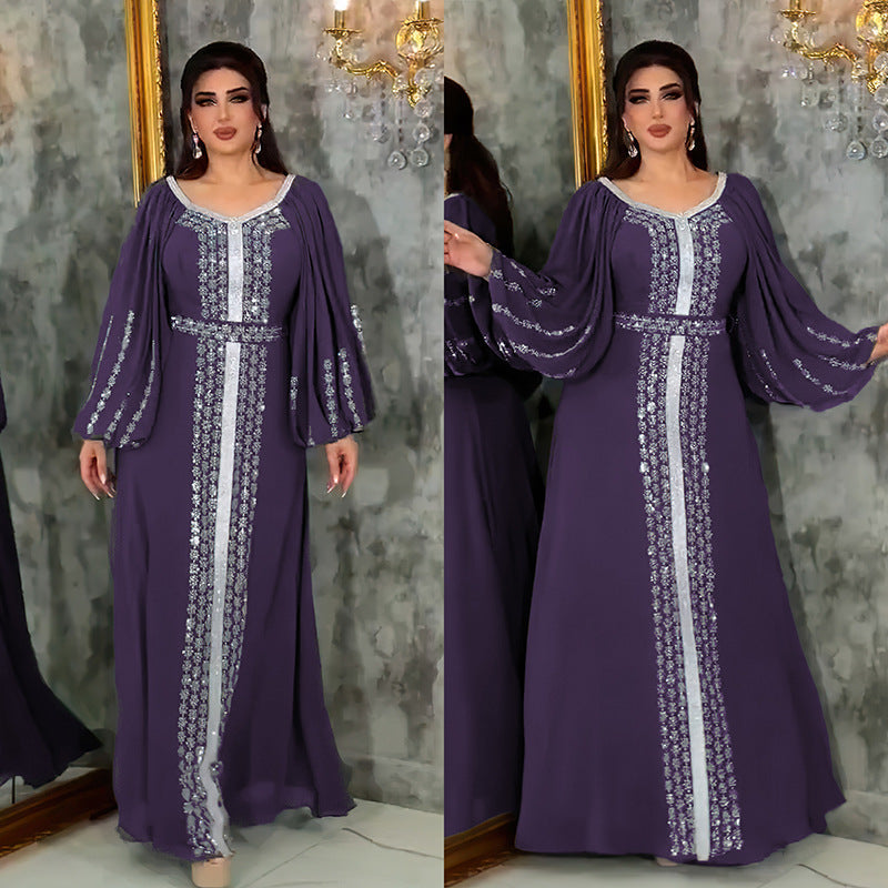 Women's Style Rhinestone Dress Chiffon Puff Sleeve Dresses