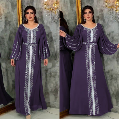 Women's Style Rhinestone Dress Chiffon Puff Sleeve Dresses
