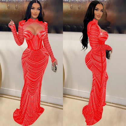 Women's Wear Solid Color Rhinestone Mesh Long Dresses