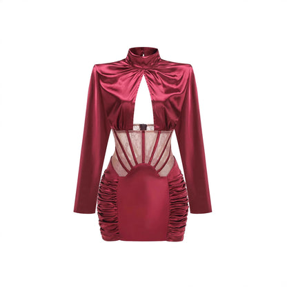 Pure Desire Lace Fishbone Hollow Long Sleeve Pleated Dresses
