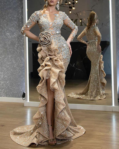 Women's Sexy Gold Long Sleeve Banquet Dress Wedding Dresses