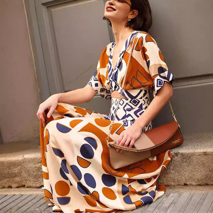 Women's Collar Waist Trimming Printing Dress Two-piece Dresses
