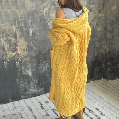 Women's Thickened Twist Braid Hooded Long Sweaters
