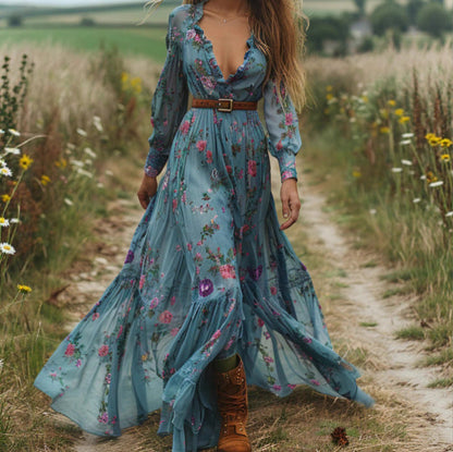 Women's Collar Floral Long-sleeved Dress Country Idyllic Dresses