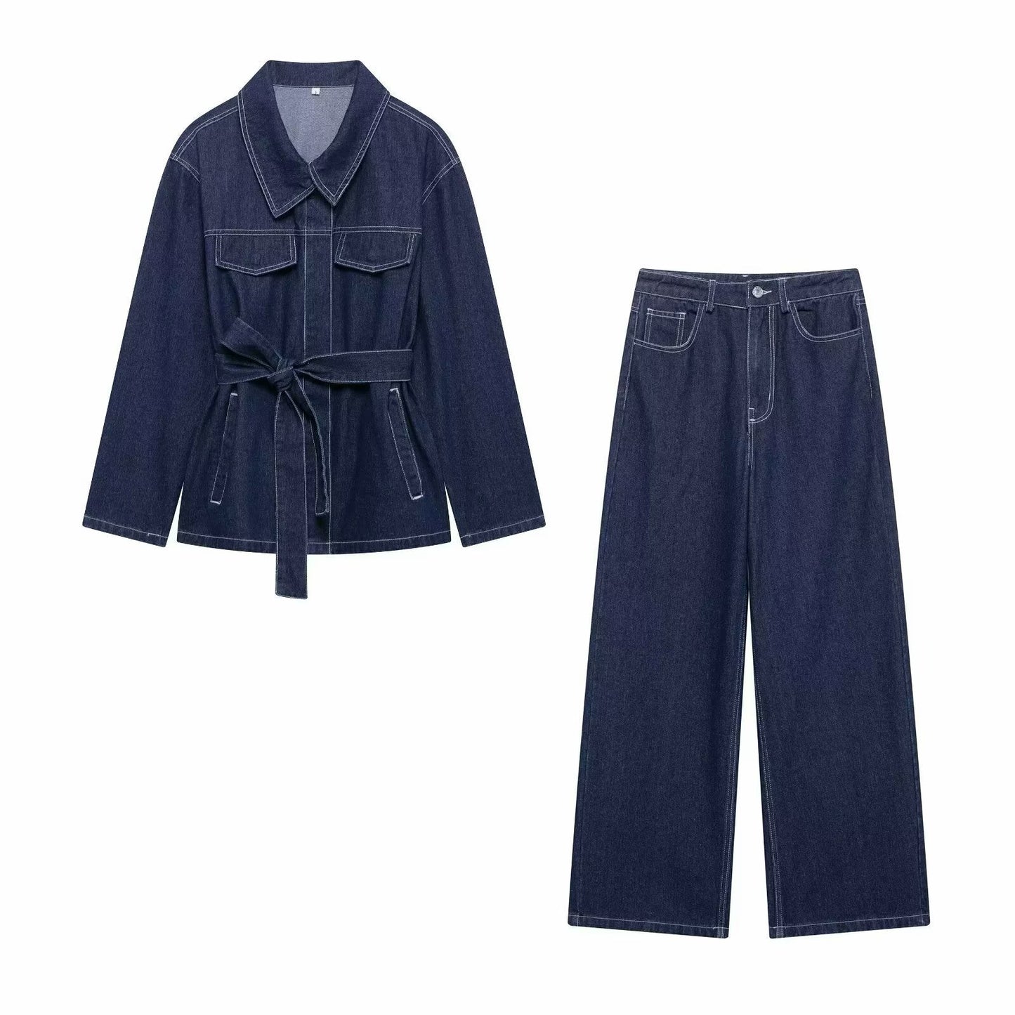 Women's Popular Classy Belt Lapel Denim Suits