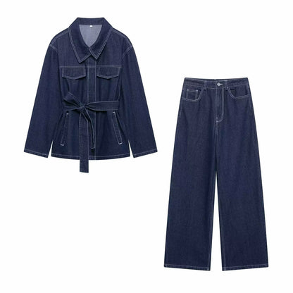 Women's Popular Classy Belt Lapel Denim Suits