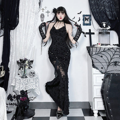 Flocking Swing Collar Suspender Dress Dark Dresses