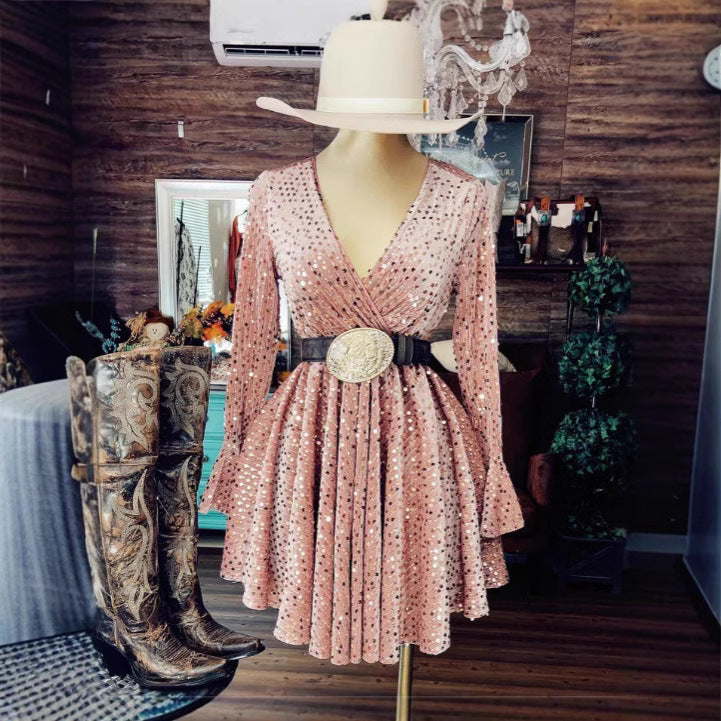 Women's Sequined Flared Sleeves Dress With Lining Dresses