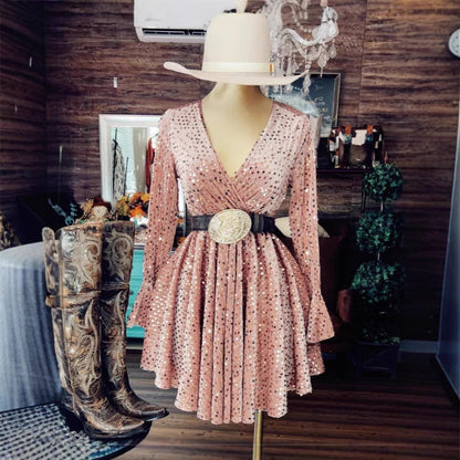 Women's Sequined Flared Sleeves Dress With Lining Dresses