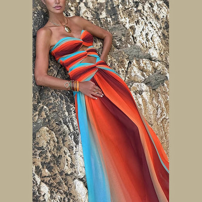 Graceful Tube Hollow Backless Color Matching Dresses