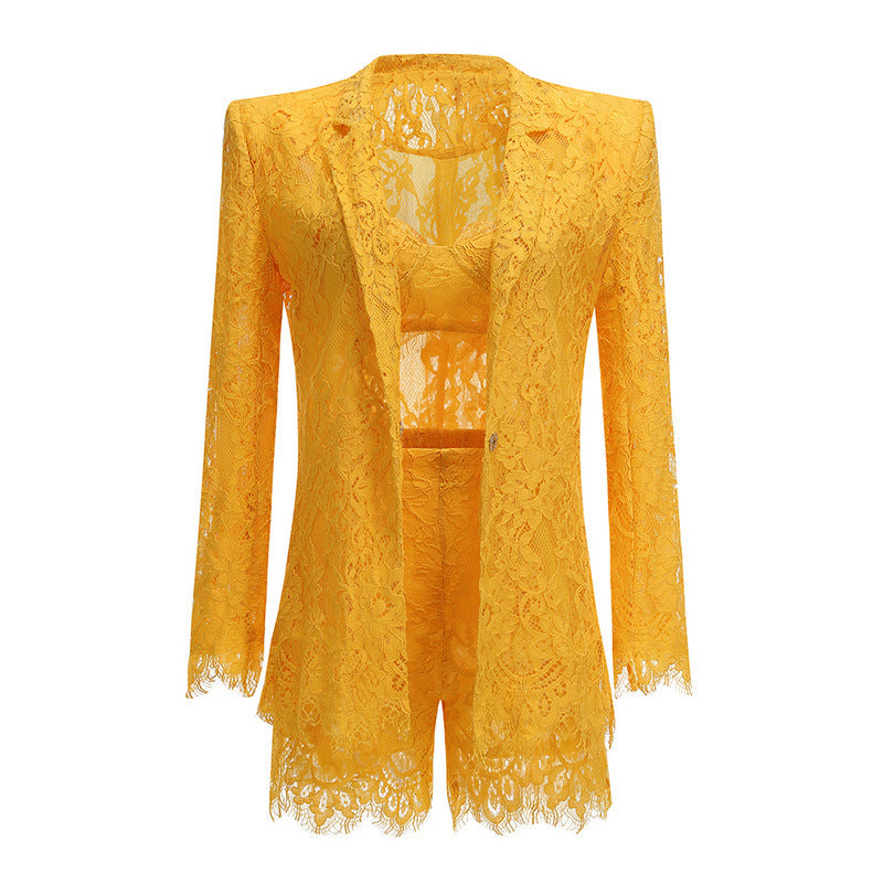 Women's Hot Yellow Lace Three-piece Suspender With Suits